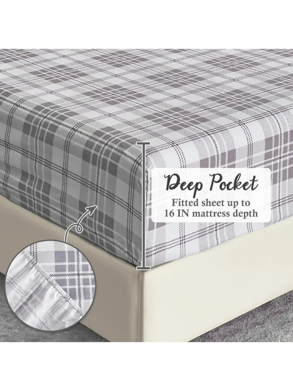 Cozy Plaid Queen Sheet Set, 4-Piece Ultra Soft Cooling Bedding, 16